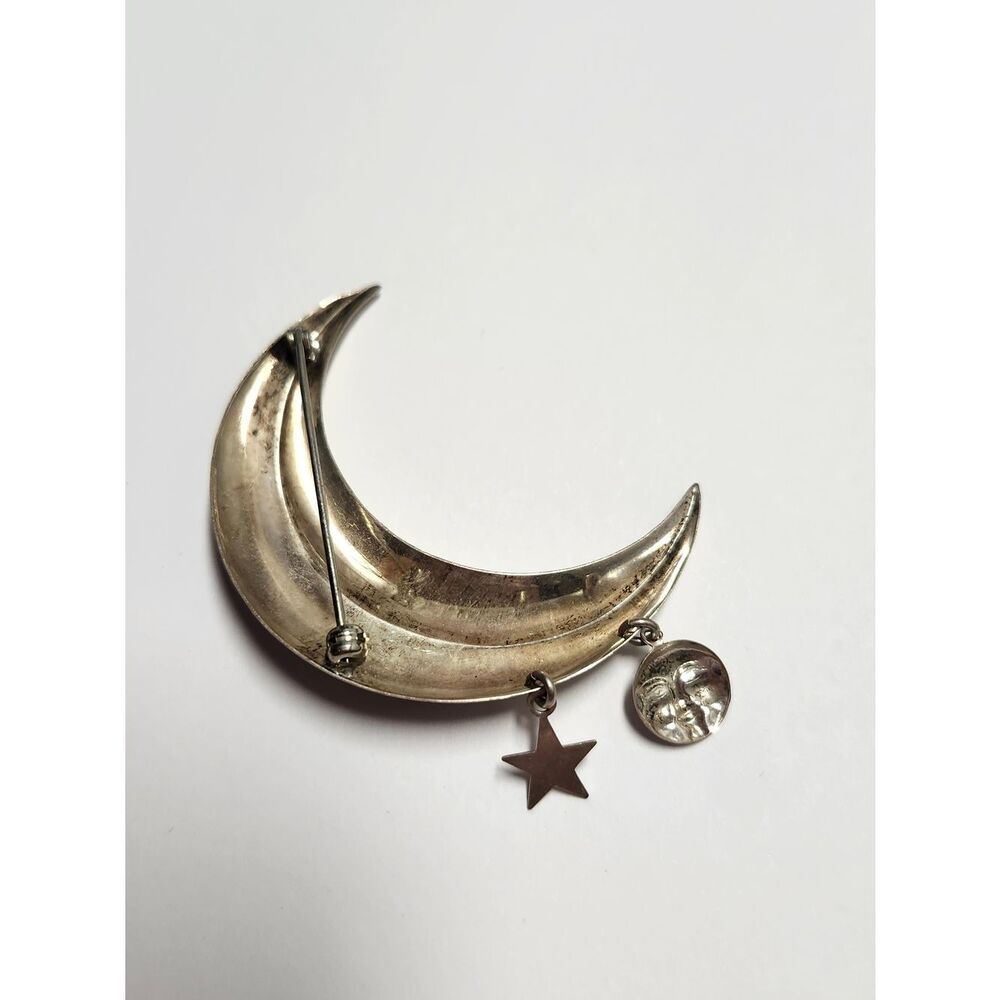Sterling Silver Crescent Moon And Stars Pin Brooch 925 View 3